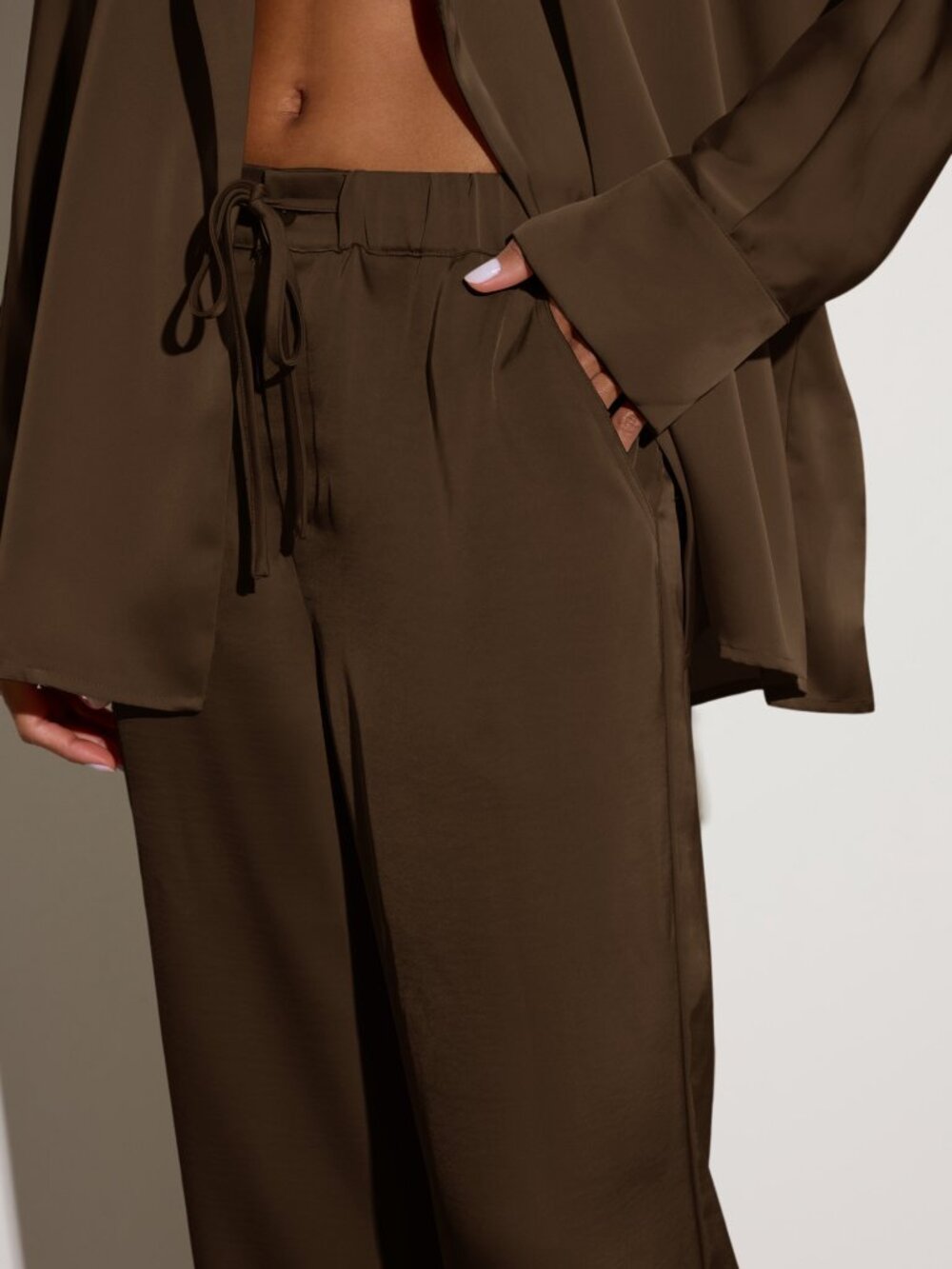 Chocolate Brown Elegant Women's High Waist Wide Leg Palazzo Trousers Fluid - Picture 5 of 6